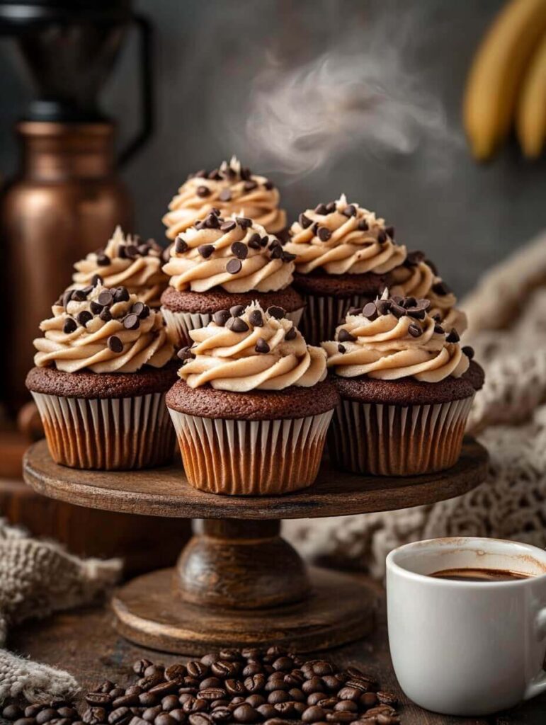 Tiered Stand of Banana Chocolate Chip Cupcakes with Coffee