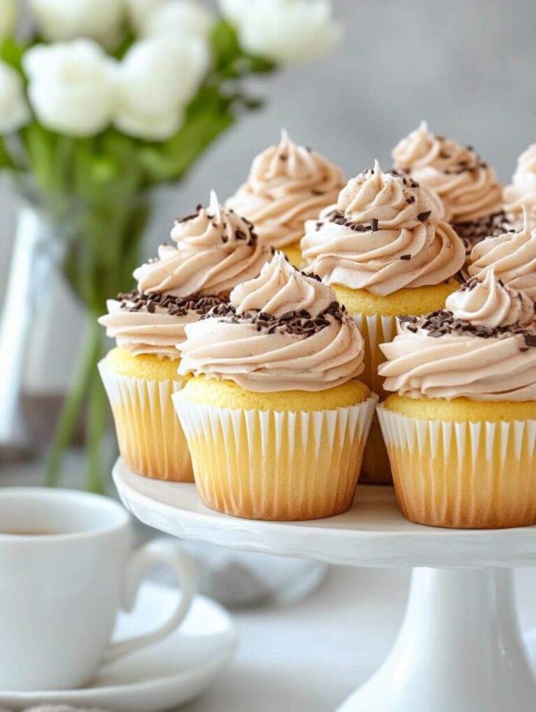 Tiered Stand of Golden Yellow Cupcakes with Swirled Frosting