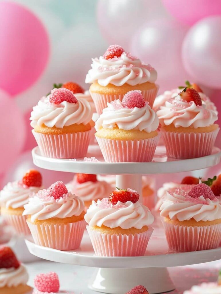 Tiered display of pink frosted cupcakes with sugared toppings