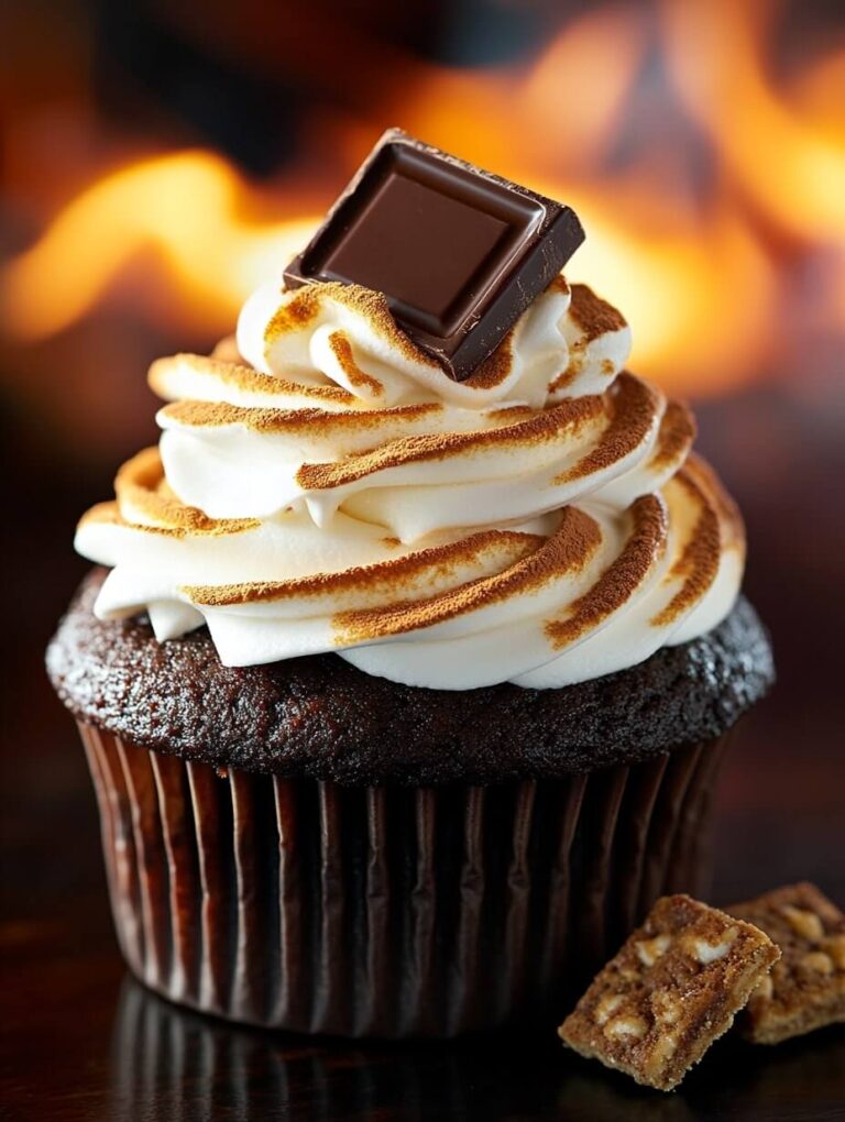 Toasted Marshmallow S'mores Cupcake with Chocolate Square