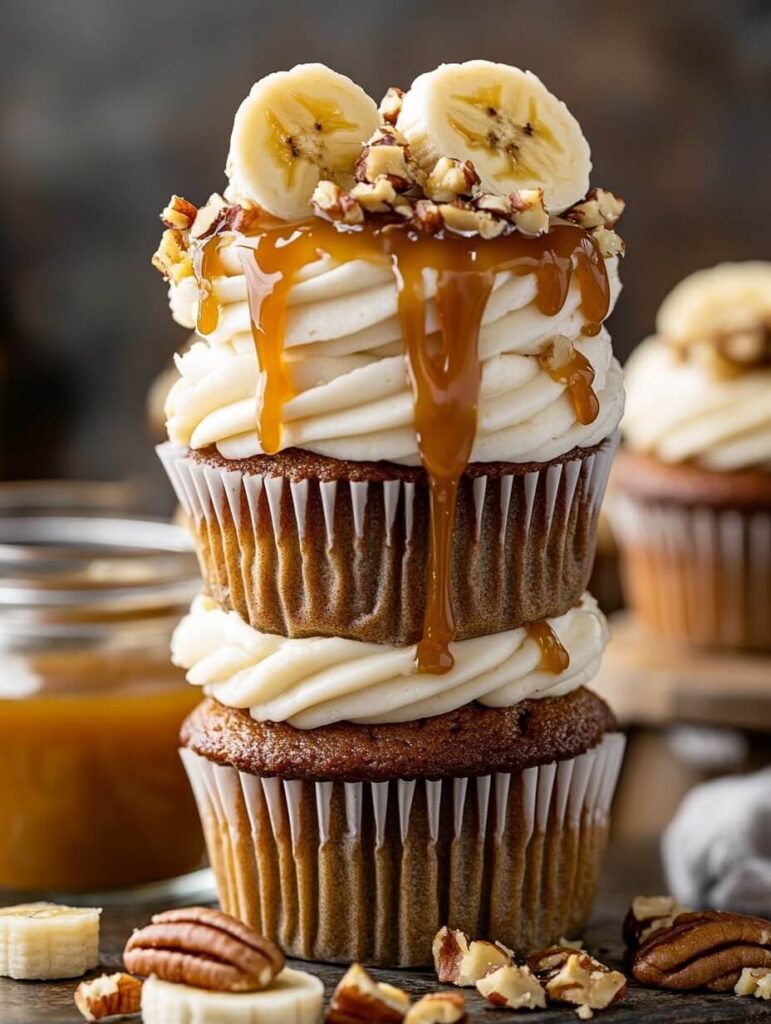 Towering Banana Pecan Cupcakes with Caramel Drizzle