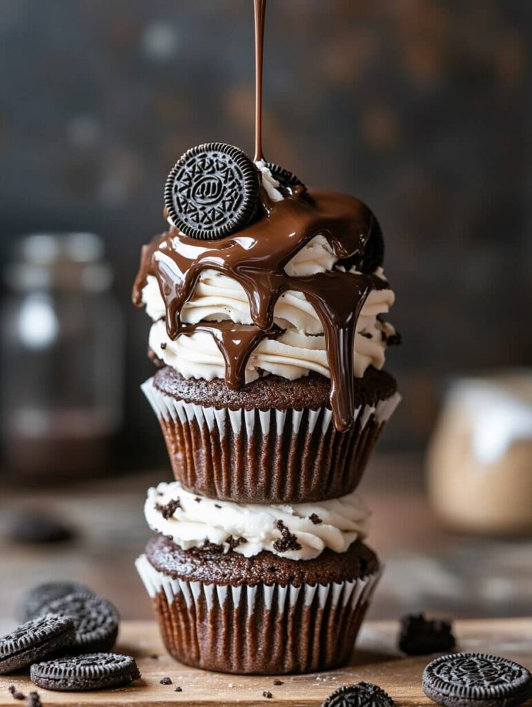 Towering Cookies and Cream Drizzle Cupcake