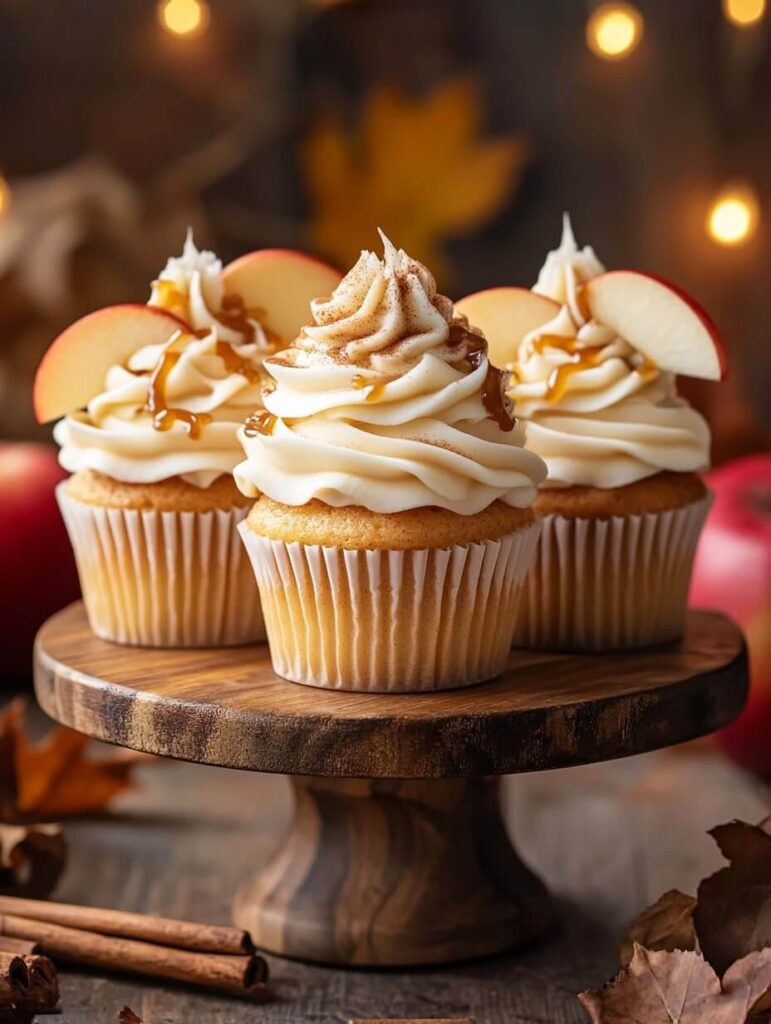 Trio of Apple Cider Cupcakes on a Rustic Wooden Stand