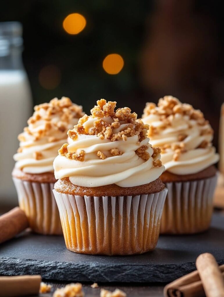 Trio of Cinnamon Crumble Cupcakes on a Rustic Slate Board