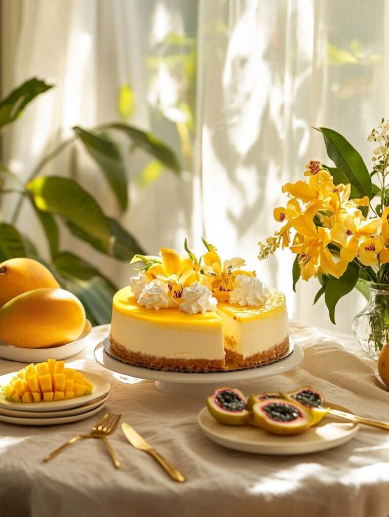 Tropical Mango Cheesecake with Floral Garnish