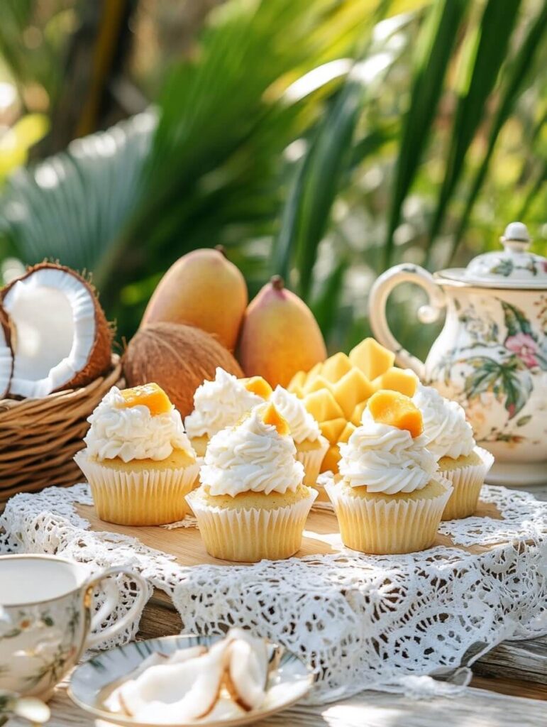 Tropical Mango and Coconut Cupcakes in an Outdoor Setting