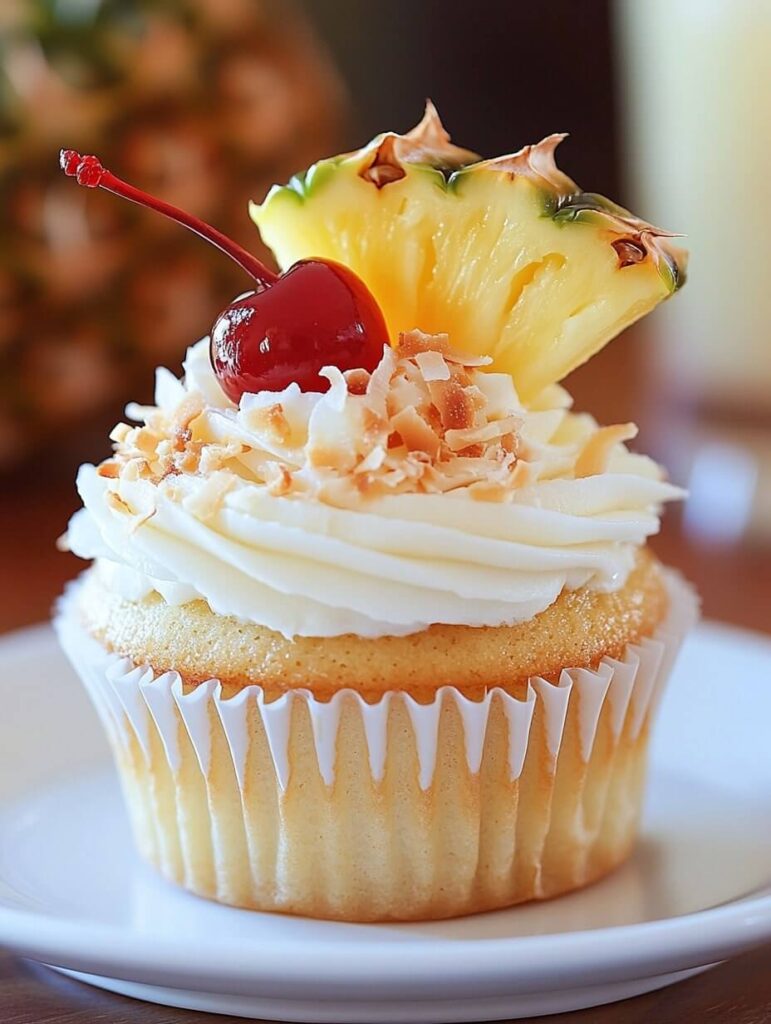 Tropical Pineapple Coconut Cupcake with Cherry Topping