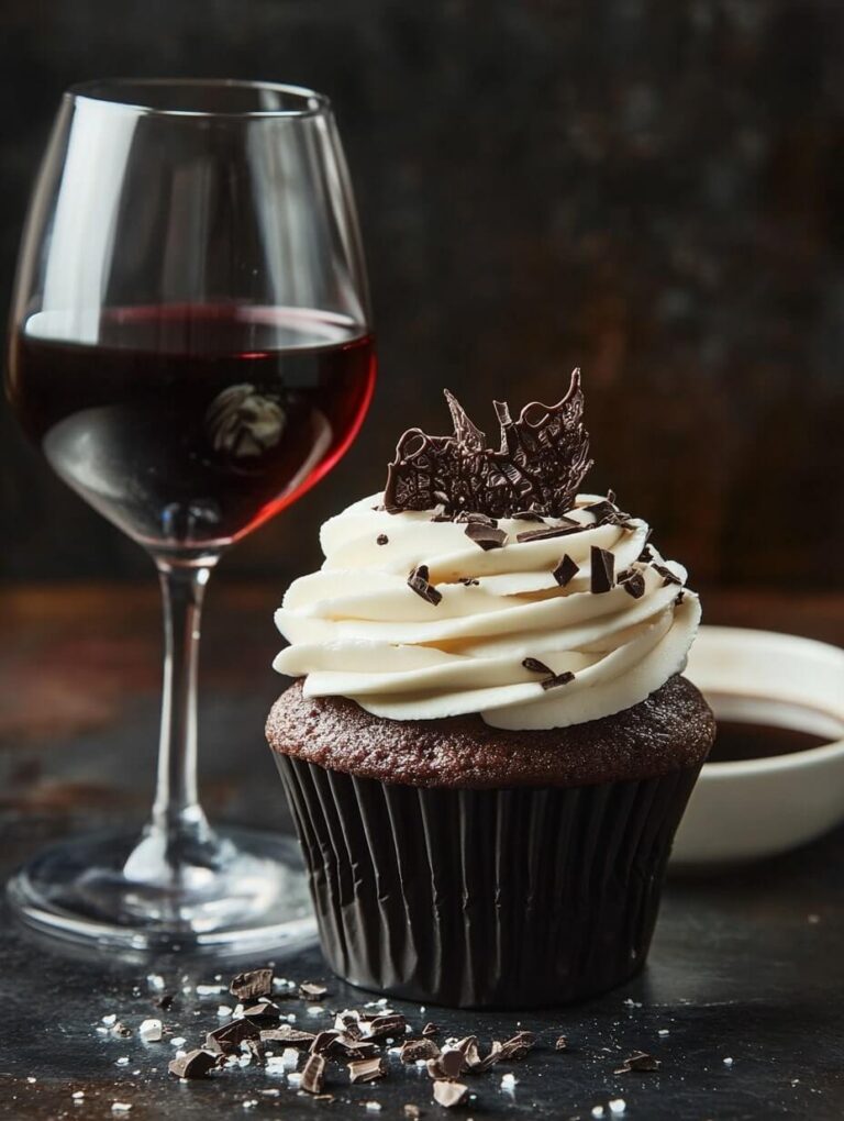 Tuxedo Cupcake Elegantly Plated Beside a Glass of Red Wine