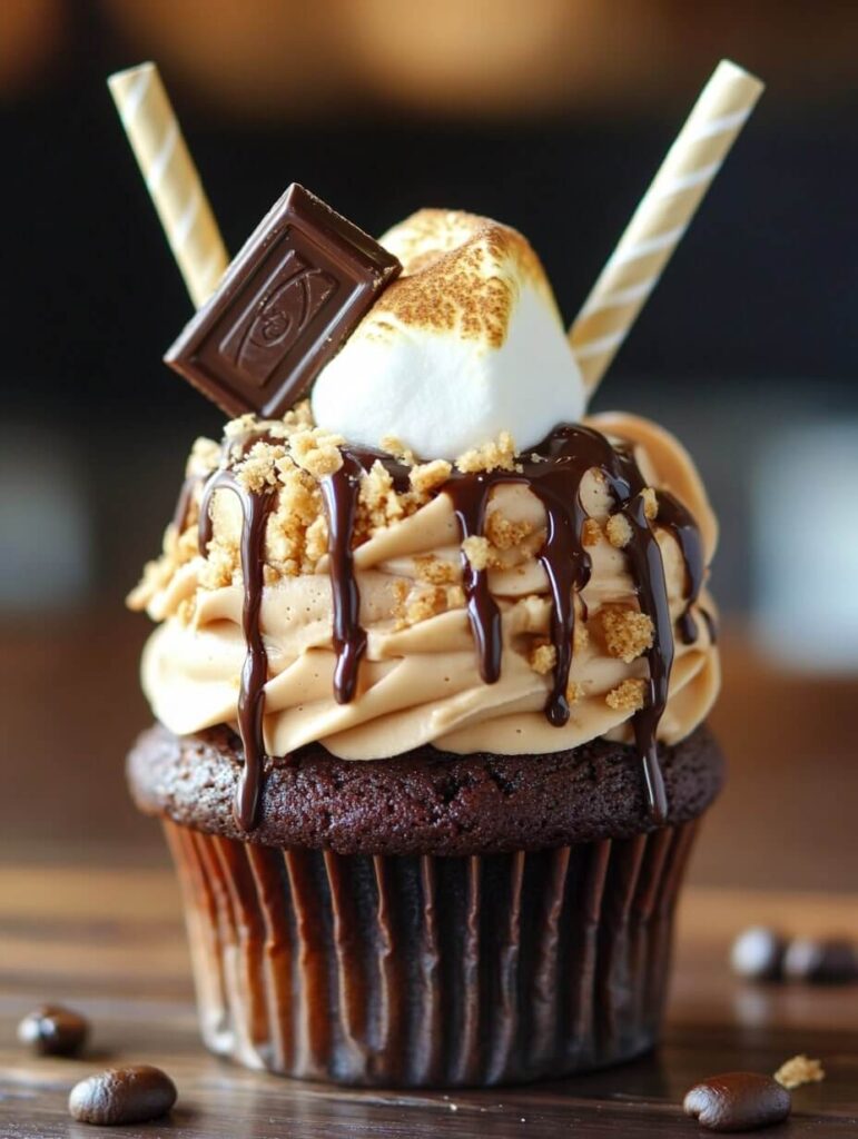 Ultimate Gourmet S'mores Cupcake with Caramel Drizzle