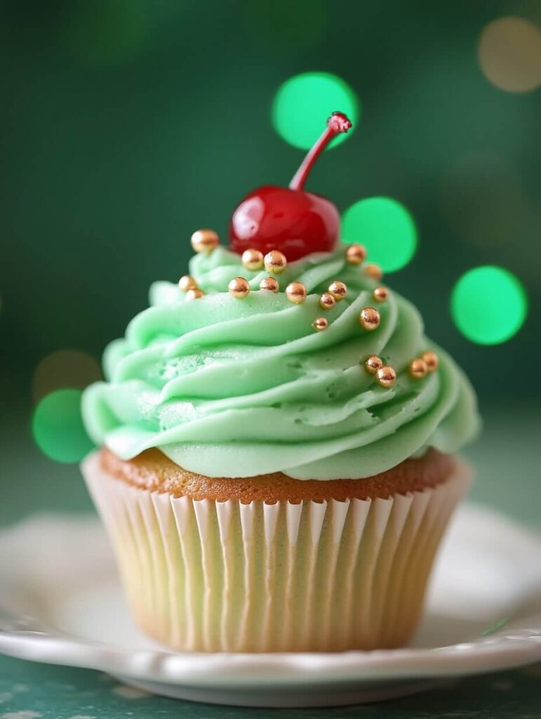 Vanilla Mint Cupcake with Gold Accents and Cherry