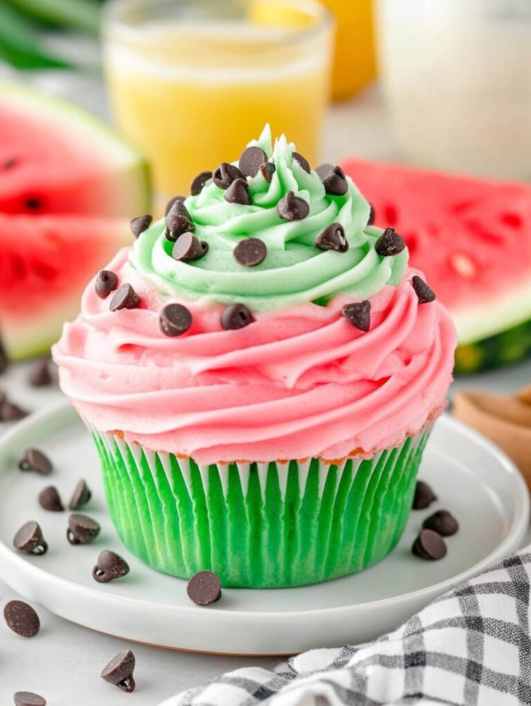 Vibrant Watermelon-Inspired Cupcake with Green and Pink Swirls