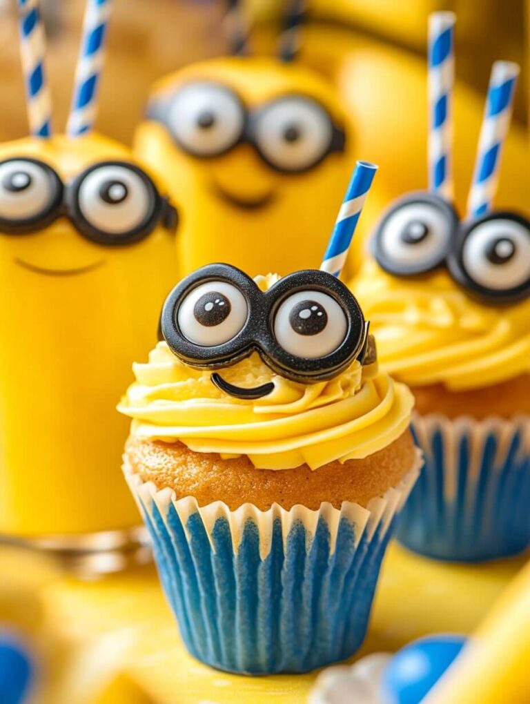 Whimsical Minion Cupcake with Striped Straws