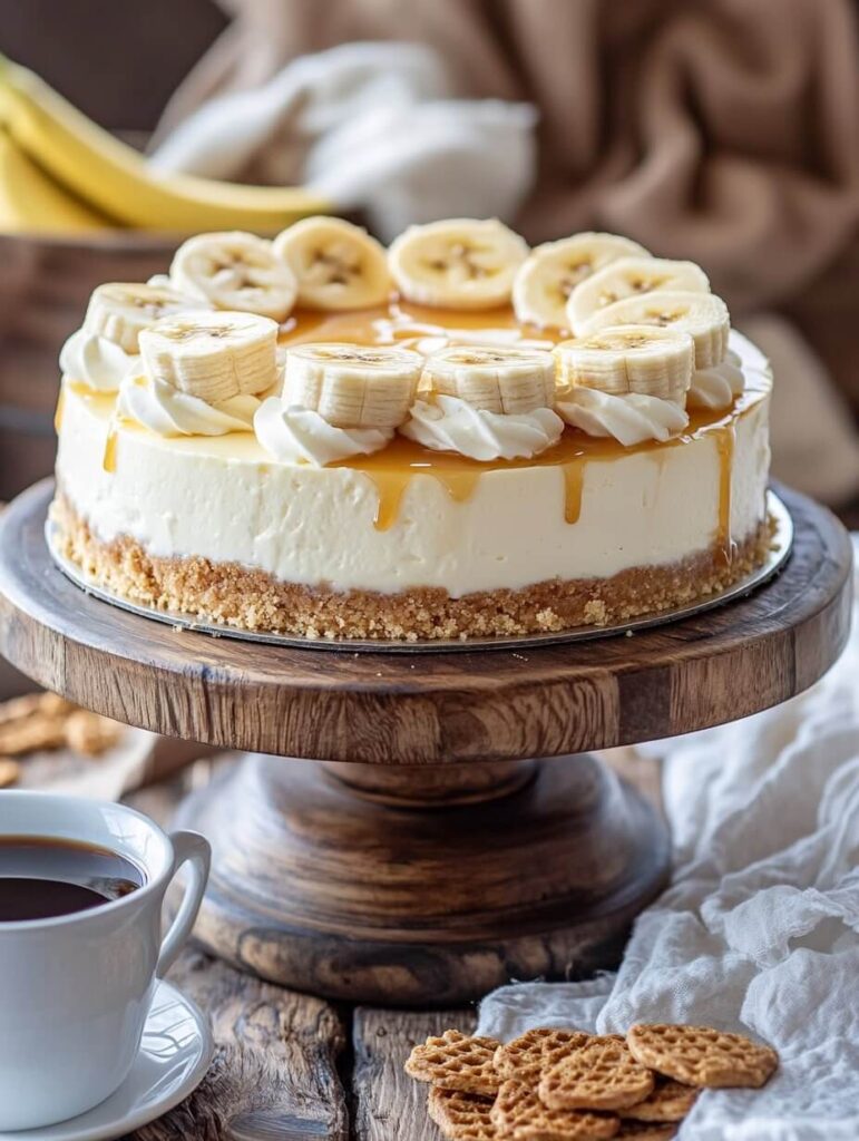 Whole Banana Cream Cheesecake on a Rustic Wooden Stand