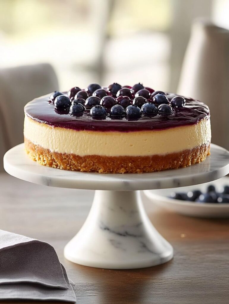 Whole Blueberry Cheesecake on a Marble Cake Stand