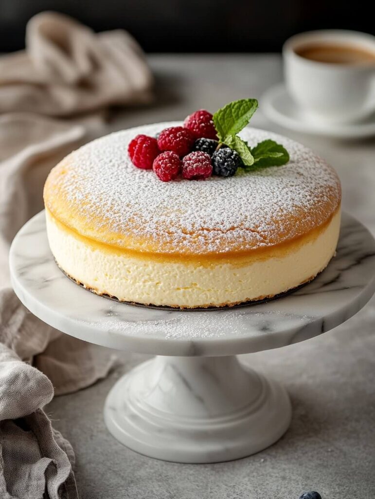 Whole Cheesecake with Powdered Sugar and Berries