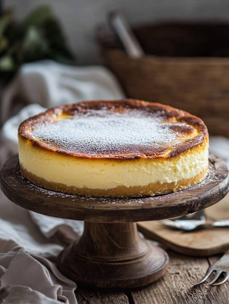 Whole Cheesecake with a Golden Top and Powdered Sugar