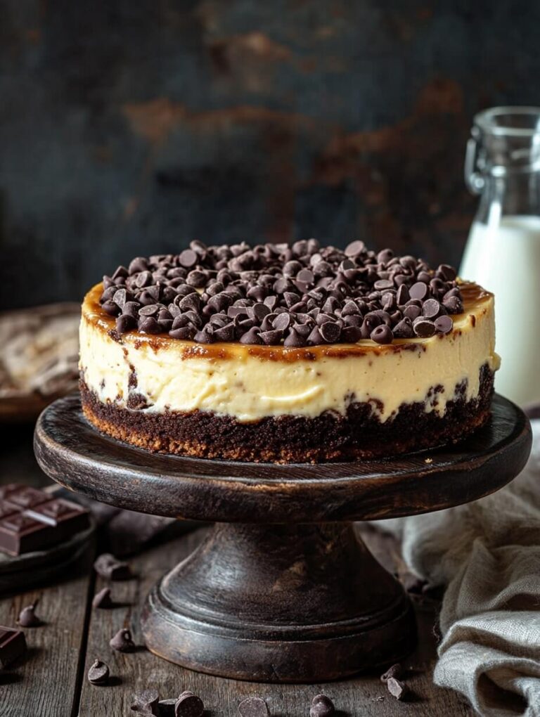 Whole Chocolate Chip Cheesecake on Wooden Stand