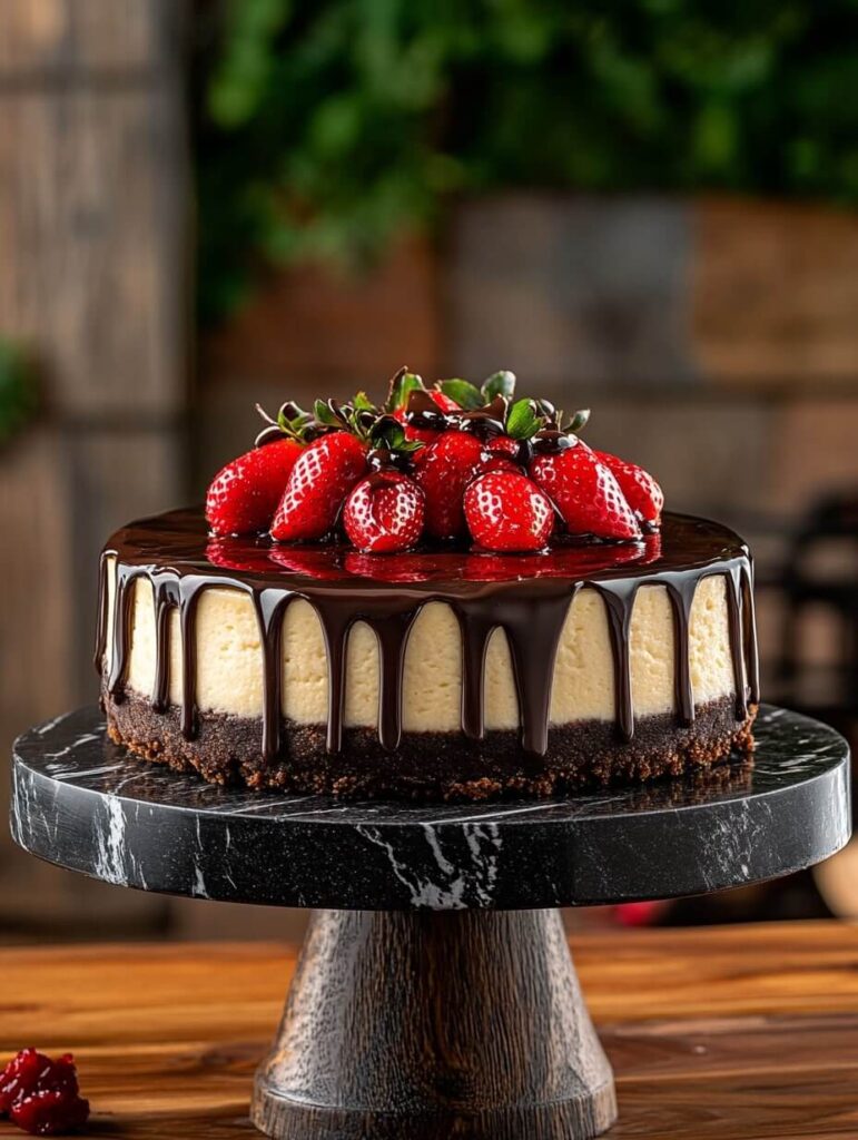 Whole Chocolate Drip Cheesecake with Strawberries