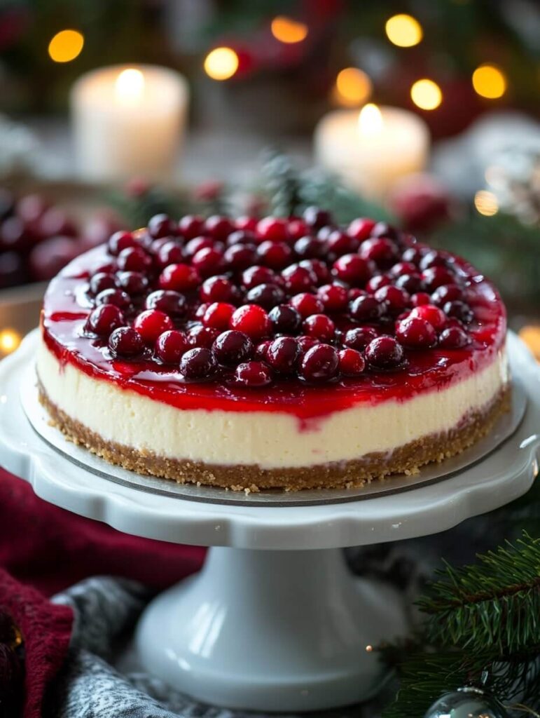 Whole Cranberry Cheesecake on a Holiday Dessert Stand