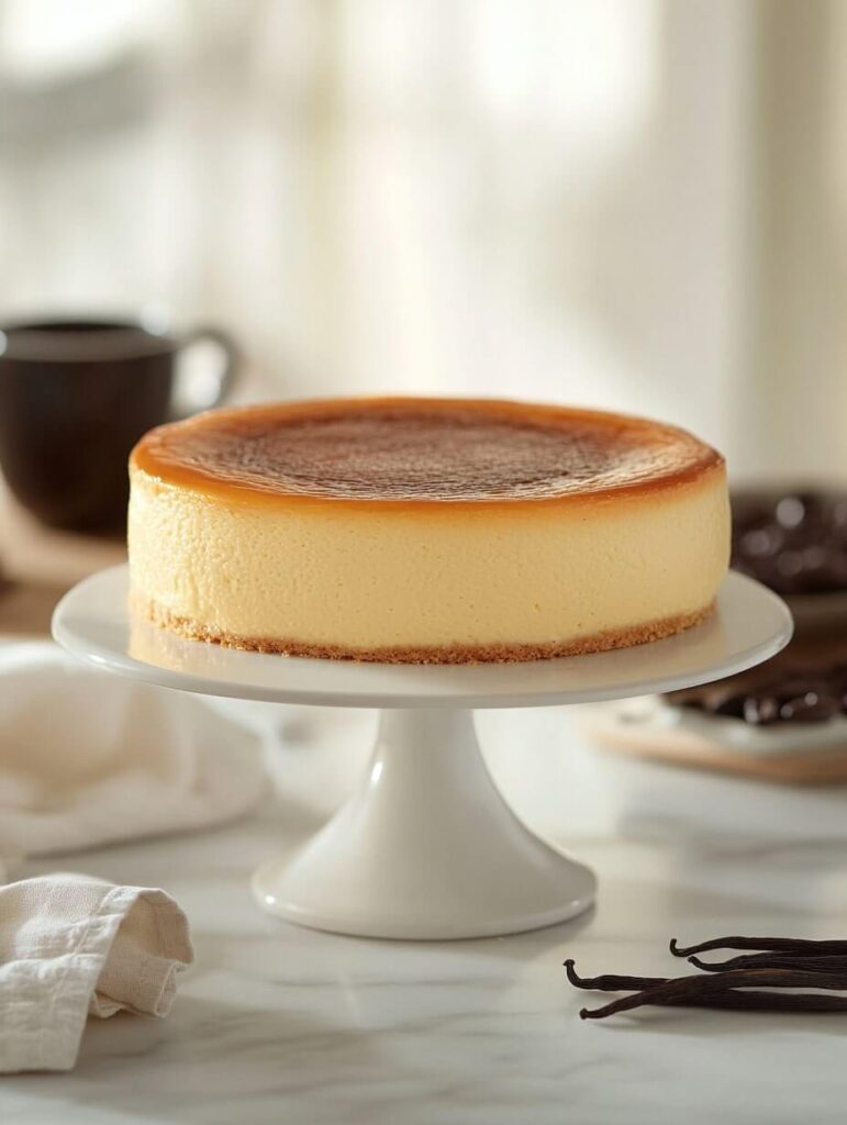 Whole New York cheesecake on a classic white cake stand