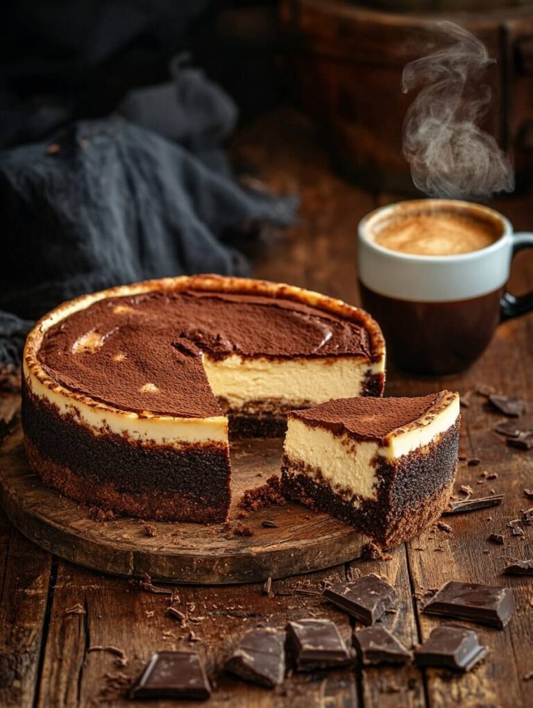 Whole rustic cheesecake with coffee pairing