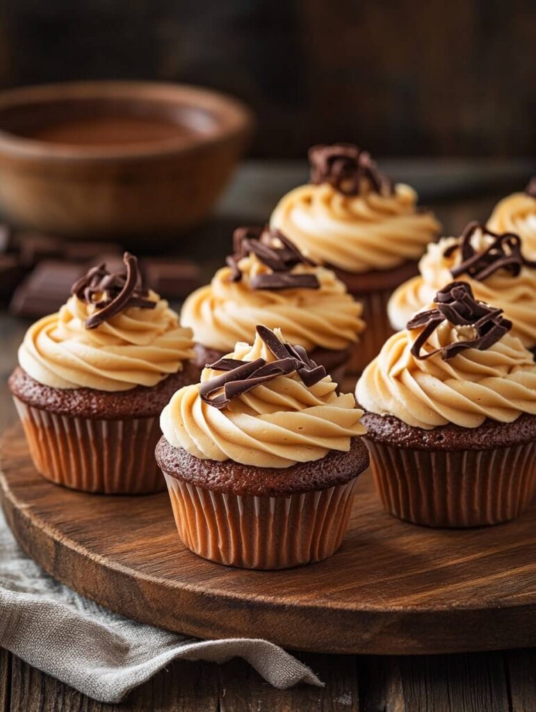 Wooden Tray Filled with Golden Yellow Cupcakes and Chocolate Garnish