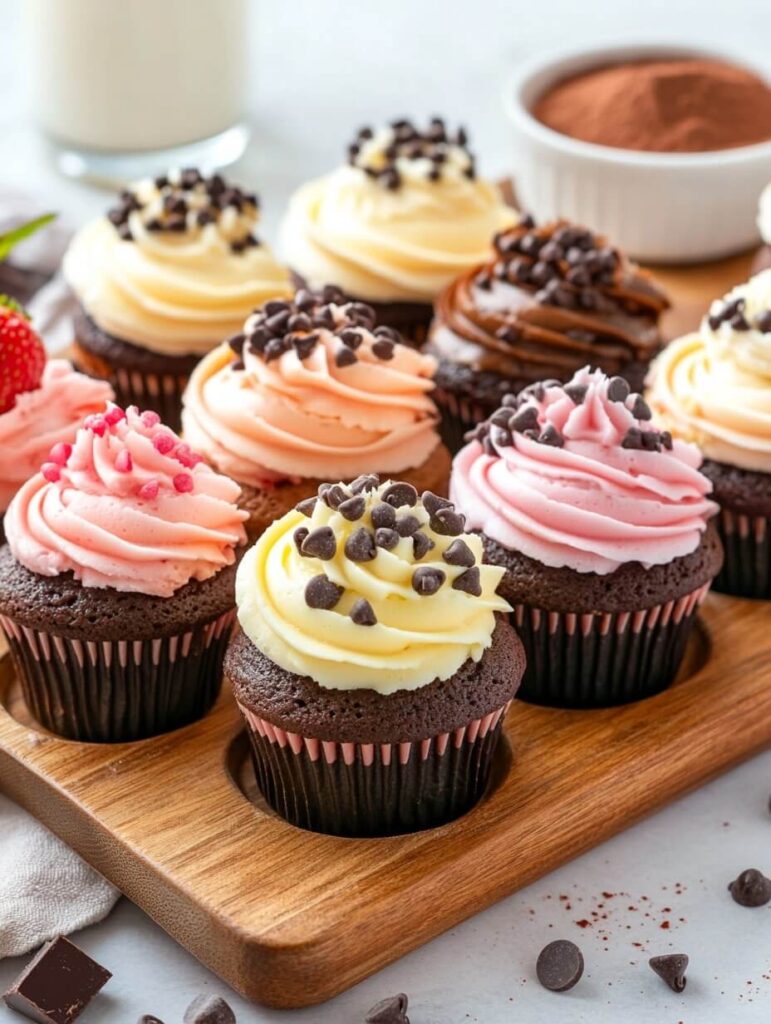 Wooden tray filled with Neapolitan cupcakes topped with chocolate chips