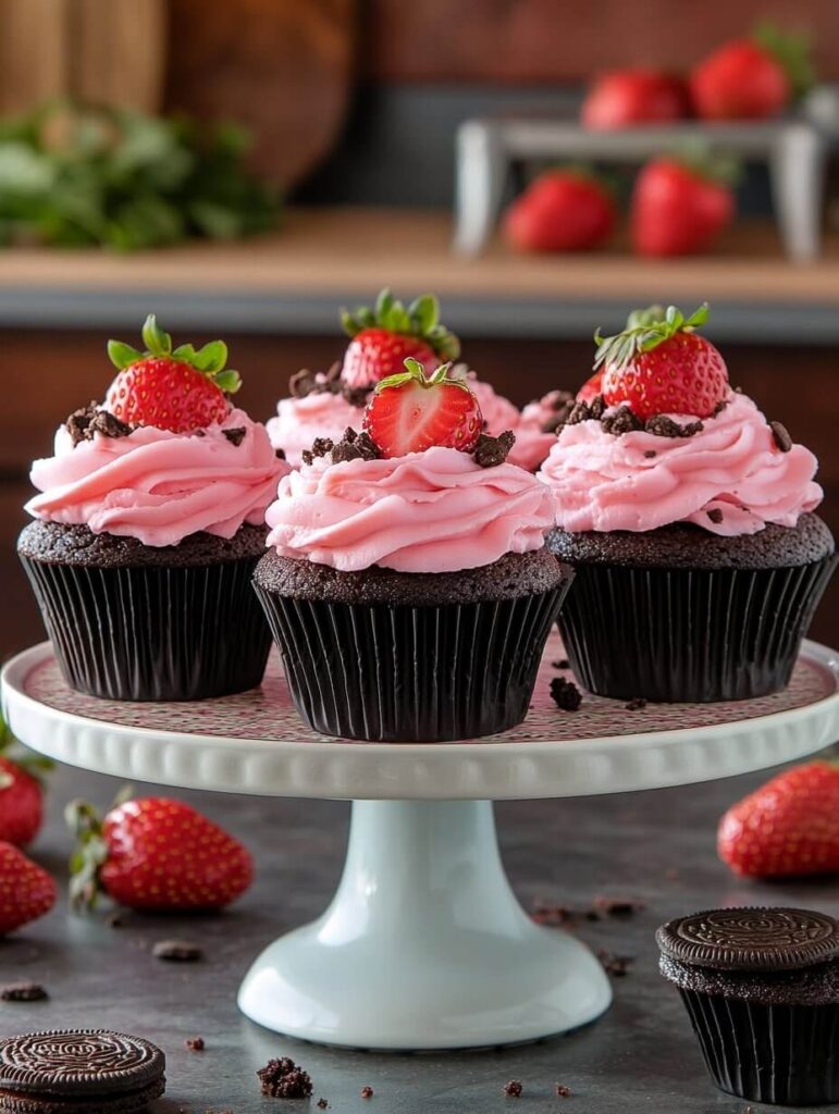 Chocolate Strawberry Cupcakes with Oreo Crumbs